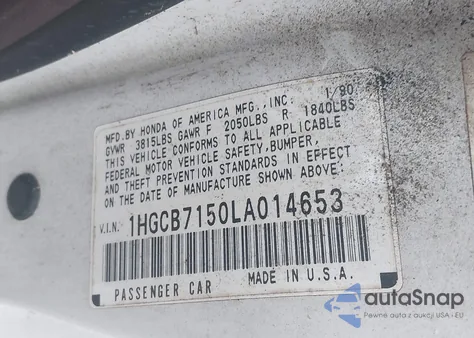 1990 Honda Accord Lx из США, поврежденный, VIN 1HGCB7150LA014653